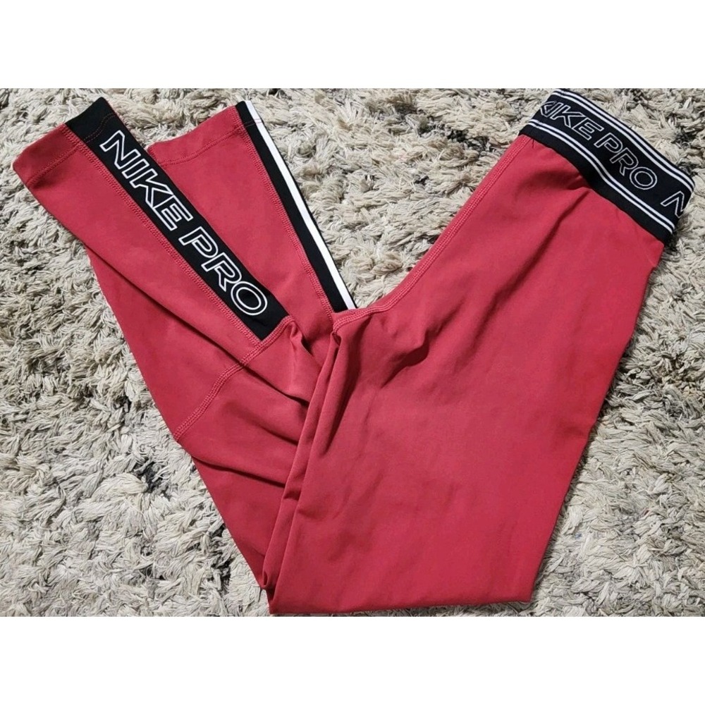 Nike Pro Dri-Fit Leggings Women's XS Dark Red Black Band Logo Crossfit Active
